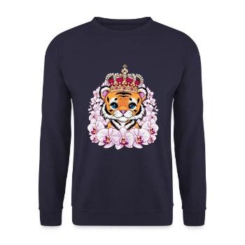 Kawaii Tiger mit Krone und prachtvollen Orchideen - Unisex Pullover - Navy - Vorne - Alina (178cm) & Michal (187cm)