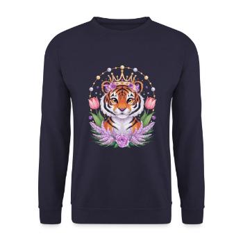 Cartoon Kawaii Tiger with Crown Tulips and Lilac - Unisex Sweatshirt - navy - Front - Alina (178cm) & Michal (187cm)