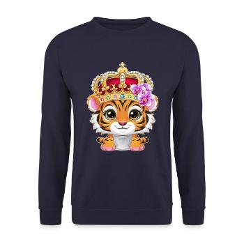 Kawaii Tiger mit Krone und prachtvollen Orchideen - Unisex Pullover - Navy - Vorne - Alina (178cm) & Michal (187cm)