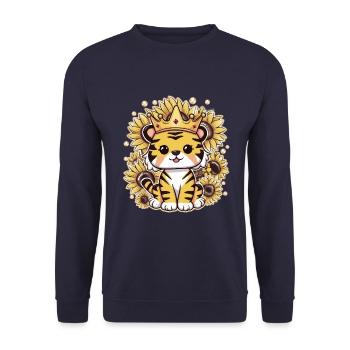 Tiger mit Krone und prachtvollen Sonnenblumen - Unisex Pullover - Navy - Vorne - Alina (178cm) & Michal (187cm)