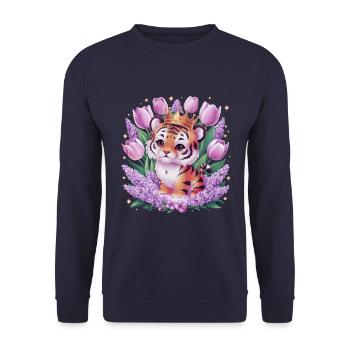Cartoon Kawaii Tiger with Crown Tulips and Lilac - Unisex Sweatshirt - navy - Front - Alina (178cm) & Michal (187cm)
