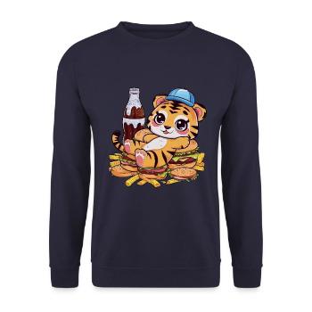 Tiger with Soft Drink, French Fries and Burgers - Unisex Sweatshirt - navy - Front - Alina (178cm) & Michal (187cm)