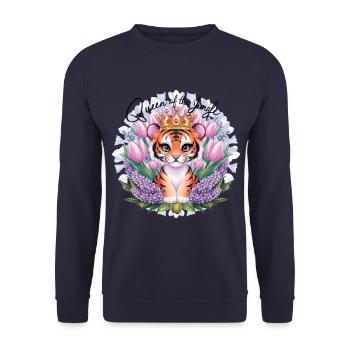 Cartoon Kawaii Tiger with Crown Tulips and Lilac - Unisex Sweatshirt - navy - Front - Alina (178cm) & Michal (187cm)