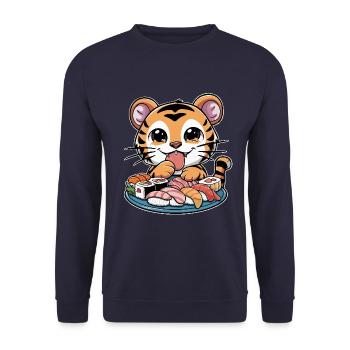 Tigre Kawaii avec Grande Assiette à Sushi - Sweat-shirt Unisexe - marine - Devant - Alina (178cm) & Michal (187cm)