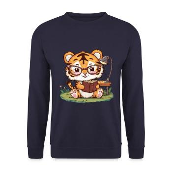 Kawaii Tiger im Cartoon Stil mit Buch - Unisex Pullover - Navy - Vorne - Alina (178cm) & Michal (187cm)