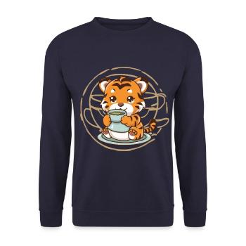 Tiger im Cartoon Stil mit grünem Tee - Unisex Pullover - Navy - Vorne - Alina (178cm) & Michal (187cm)