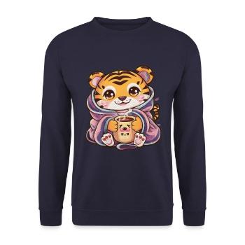 Kawaii Tiger with Cup and Blanket - Unisex Sweatshirt - navy - Front - Alina (178cm) & Michal (187cm)