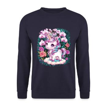 Kawaii Unicorn with Roses and Orchids - Unisex Sweatshirt - navy - Front - Alina (178cm) & Michal (187cm)