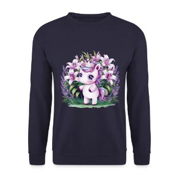 Kawaii Einhorn mit Lavendel und Lillien - Unisex Pullover - Navy - Vorne - Alina (178cm) & Michal (187cm)