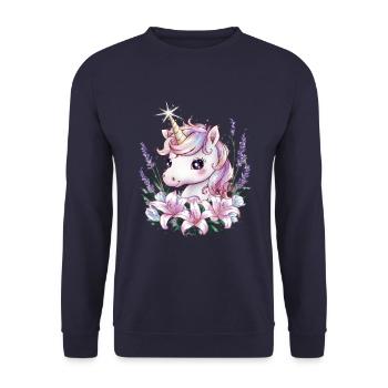 Kawaii Einhorn mit Lavendel und Lillien - Unisex Pullover - Navy - Vorne - Alina (178cm) & Michal (187cm)