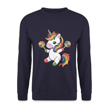 Kawaii Einhorn mit Süßigkeiten - Unisex Pullover - Navy - Vorne - Alina (178cm) & Michal (187cm)