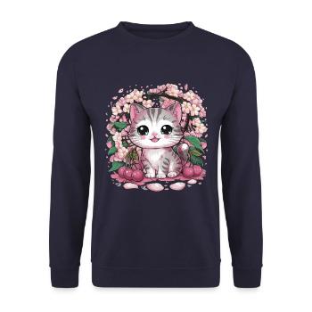 Chat kawaii avec fleurs de cerisier et cerises - Sweat-shirt Unisexe - marine - Devant - Alina (178cm) & Michal (187cm)