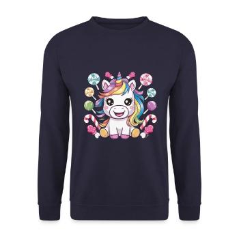 Kawaii Einhorn mit Süßigkeiten - Unisex Pullover - Navy - Vorne - Alina (178cm) & Michal (187cm)