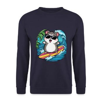 Hamster im Cartoon Stil mit Surfbrett und Strand - Unisex Pullover - Navy - Vorne - Alina (178cm) & Michal (187cm)
