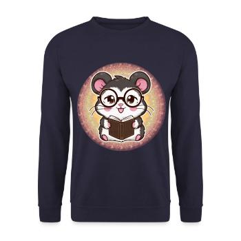 Schnuffiger Kawaii Hamster mit Buch & Lesebrille - Unisex Pullover - Navy - Vorne - Alina (178cm) & Michal (187cm)
