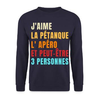 Pétanque et apéro humour phrase drôle cadeau - Sweat-shirt Unisexe - marine - Devant - Alina (178cm) & Michal (187cm)