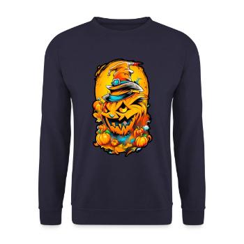 Halloween Kürbiskopf 01 - Unisex Pullover - Navy - Vorne - Alina (178cm) & Michal (187cm)