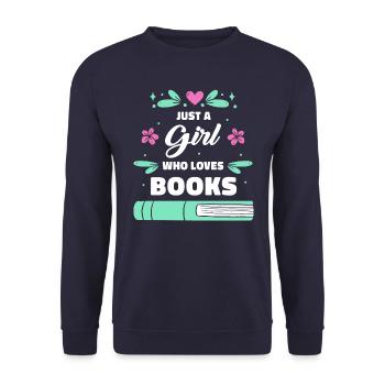 Bücher Buch lesen Bücherei Bibliothek Bücherwurm - Unisex Pullover - Navy - Vorne - Alina (178cm) & Michal (187cm)