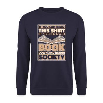 Bücher Buch lesen Bücherei Bibliothek Bücherwurm - Unisex Pullover - Navy - Vorne - Alina (178cm) & Michal (187cm)