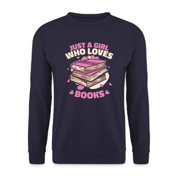 Bücher Buch lesen Bücherei Bibliothek Bücherwurm - Unisex Pullover - Navy - Vorne - Alina (178cm) & Michal (187cm)