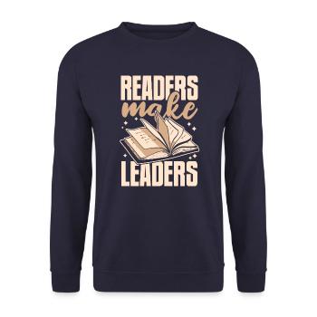 Bücher Buch lesen Bücherei Bibliothek Bücherwurm - Unisex Pullover - Navy - Vorne - Alina (178cm) & Michal (187cm)