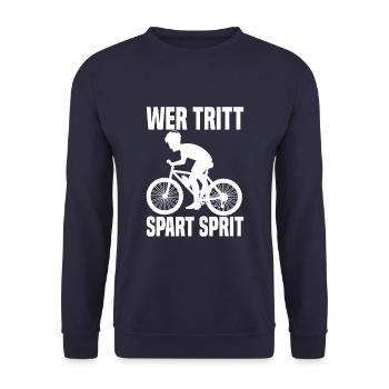 Wer Tritt Spart Sprit Lustiger Fahrrad Spruch - Unisex Pullover - Navy - Vorne - Alina (178cm) & Michal (187cm)