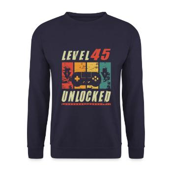 Gamer Turning 45th Birthday Gift Level 45 Unlocked - Unisex Sweatshirt - navy - Front - Alina (178cm) & Michal (187cm)