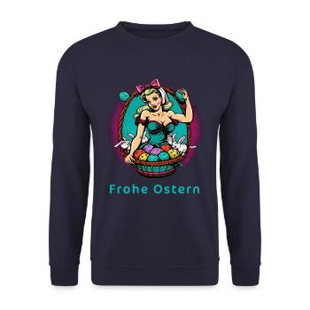 Frohe Ostern - Frau Hase Osterhase Osterei Pop Art - Unisex Pullover - Navy - Vorne - Alina (178cm) & Michal (187cm)