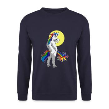 Einhorn Pinkelt Regenbogenfarben Lustiges Einhorn - Unisex Pullover - Navy - Vorne - Alina (178cm) & Michal (187cm)