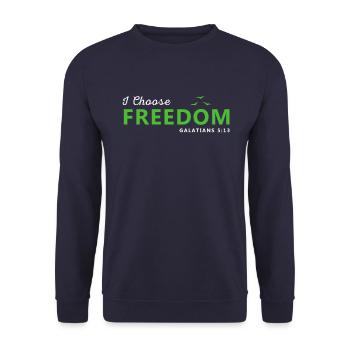 I choose Freedom - Bible verse - Christian - Unisex Sweatshirt - navy - Front - Alina (178cm) & Michal (187cm)