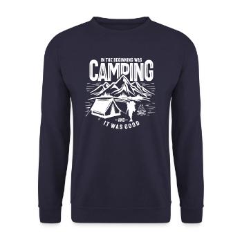 Am Anfang war Camping Outdoor Abenteuer - Unisex Pullover - Navy - Vorne - Alina (178cm) & Michal (187cm)