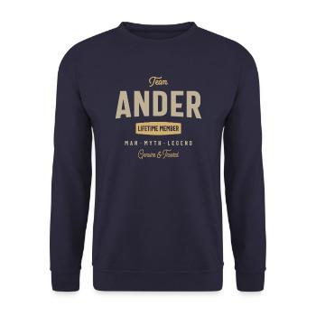 Team Ander Lifetime Member Personalized Name - Unisex Sweatshirt - navy - Front - Alina (178cm) & Michal (187cm)