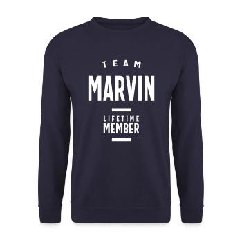 Team Marvin Lifetime Member Personalized Name - Unisex Sweatshirt - navy - Front - Alina (178cm) & Michal (187cm)