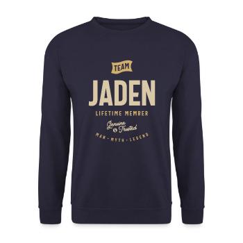 Team Jaden Lifetime Member Personalisierter Name - Unisex Pullover - Navy - Vorne - Alina (178cm) & Michal (187cm)