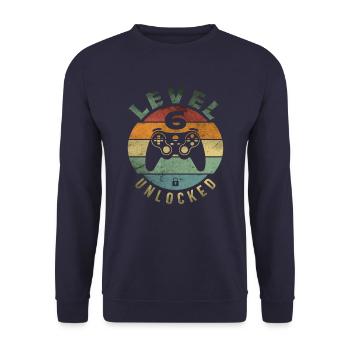Level 6 Unlocked Funny Video Gamer 6th Birthday - Unisex Sweatshirt - navy - Front - Alina (178cm) & Michal (187cm)
