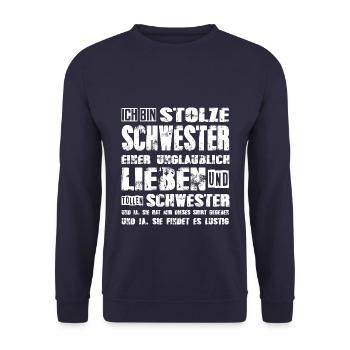 stolze Schwester einer lieben und tollen Schwester - Unisex Pullover - Navy - Vorne - Alina (178cm) & Michal (187cm)