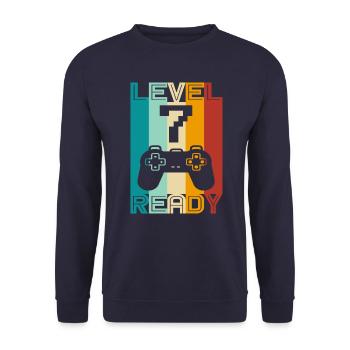 7th Birthday and 7th Anniversary Gaming Design - Unisex Sweatshirt - navy - Front - Alina (178cm) & Michal (187cm)