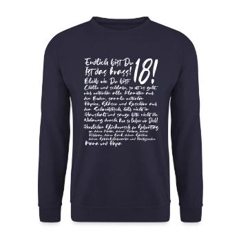 18. Geburtstag Endlich 18 Jahre Geschenk zum 18. - Unisex Pullover - Navy - Vorne - Alina (178cm) & Michal (187cm)