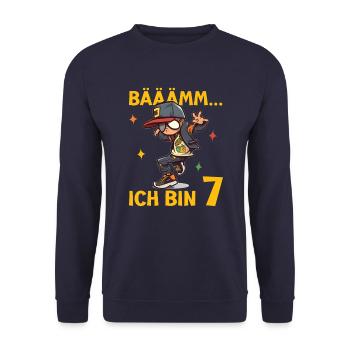 7.Geburtstag Jungen - Geburtstagsgeschenk 7 Jahre - Unisex Pullover - Navy - Vorne - Alina (178cm) & Michal (187cm)