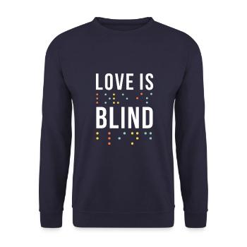 Love is blind Motiv Blindenschrift - Unisex Pullover - Navy - Vorne - Alina (178cm) & Michal (187cm)