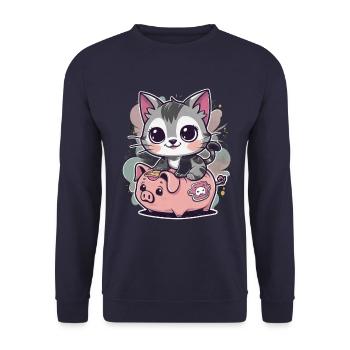 Chat Kawaii avec Tirelire - Sweat-shirt Unisexe - marine - Devant - Alina (178cm) & Michal (187cm)