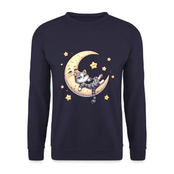 Mond und Katze mit Sternen - Unisex Pullover - Navy - Vorne - Alina (178cm) & Michal (187cm)