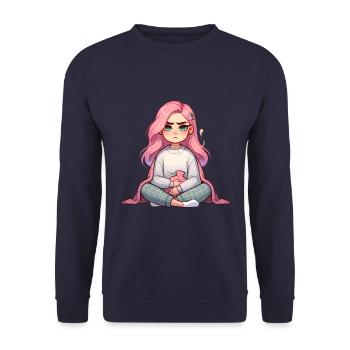 Nachdenkliches Mädchen mit Wärmflasche - Unisex Pullover - Navy - Vorne - Alina (178cm) & Michal (187cm)