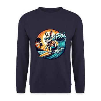 Surfender Hase mit Sonnenbrille und Hawaii-Hemd - Unisex Pullover - Navy - Vorne - Alina (178cm) & Michal (187cm)