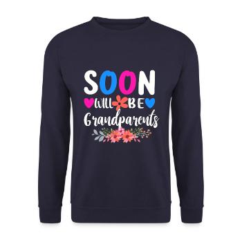 Bald werden wir Oma und Opa, Wir werden Großeltern - Unisex Pullover - Navy - Vorne - Alina (178cm) & Michal (187cm)