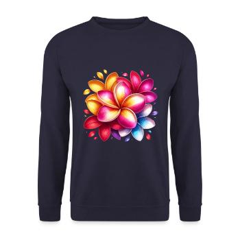 Farbenfrohe Plumeria Blüten - Unisex Pullover - Navy - Vorne - Alina (178cm) & Michal (187cm)