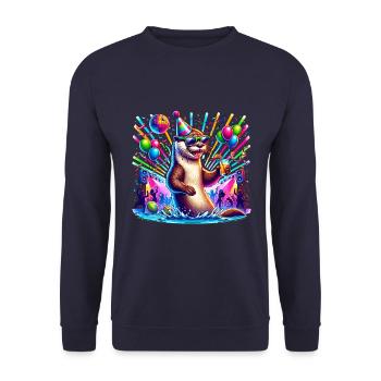 Feiernder Otter mit Partyhut und Cocktail bei - Unisex Pullover - Navy - Vorne - Alina (178cm) & Michal (187cm)