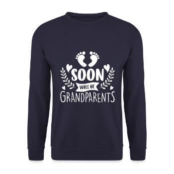 Wir werden bald Großeltern, Wir werden Oma und Opa - Unisex Pullover - Navy - Vorne - Alina (178cm) & Michal (187cm)