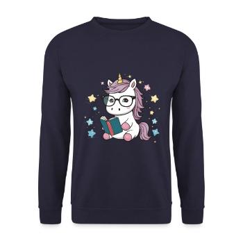 Licorne kawaii avec lunettes et livre - Sweat-shirt Unisexe - marine - Devant - Alina (178cm) & Michal (187cm)