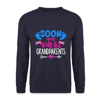 Wir werden Großeltern, Wir werden Oma und Opa - Unisex Pullover - Navy - Vorne - Alina (178cm) & Michal (187cm)